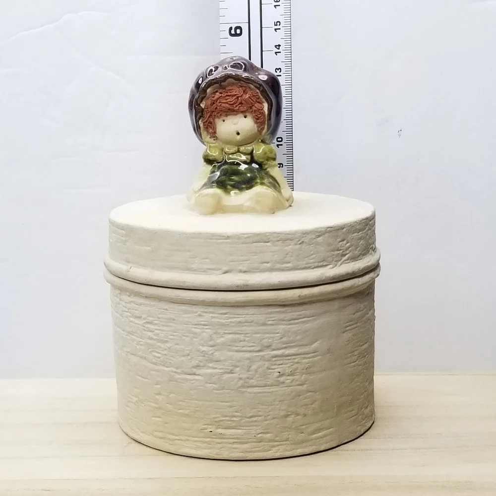 Vintage Unique Stoneware Round Textured Trinket With Girl Figurine on the Lid
